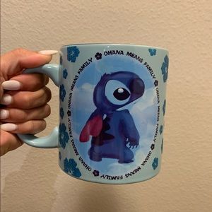 Disney Lilo & Stitch Blue Ceramic 20 oz Mug Ohana Means Family Glitter Flowers